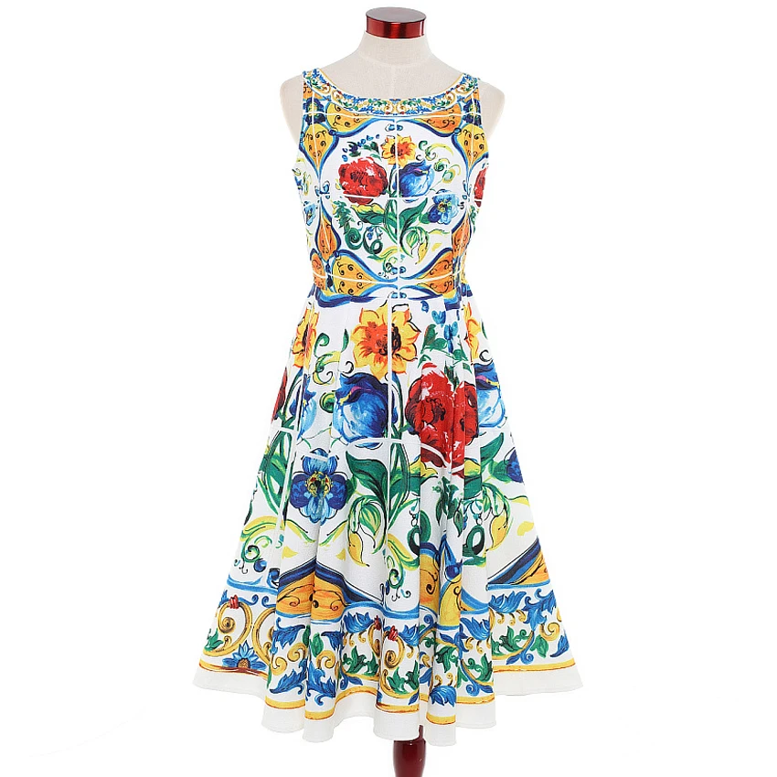 

Vintage Dress Of Women Sexy Sleeveless Retro Floral Full Printed Cotton Backless Dress Elegant Sweet Dress High Quality New