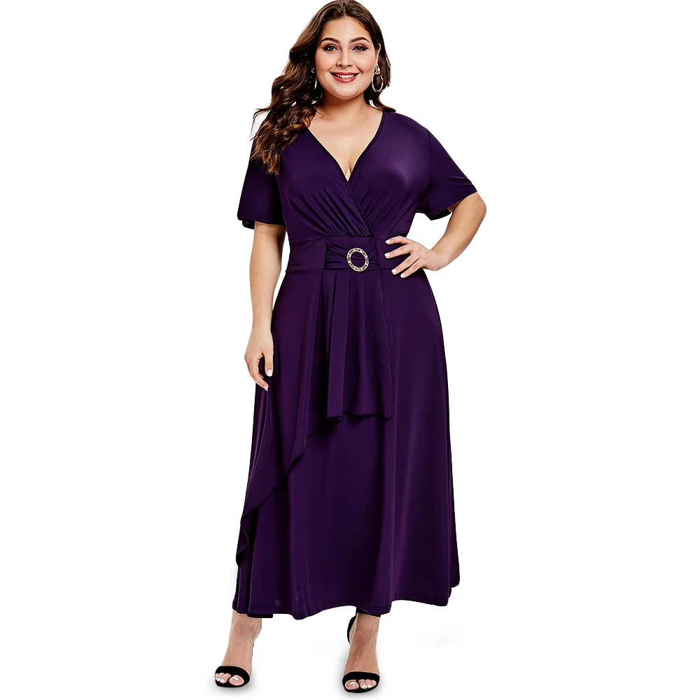 Элегантное женское платье макси с рюшами и короткими рукавами Lady Wrap Overlap Dress 2019
