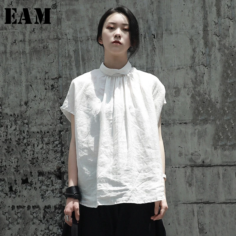 

[EAM] 2019 New Spring Summer Stand Collar Short Sleeve White Fold Linen Big Size Loose T-shirt Women Fashion Tide JQ934
