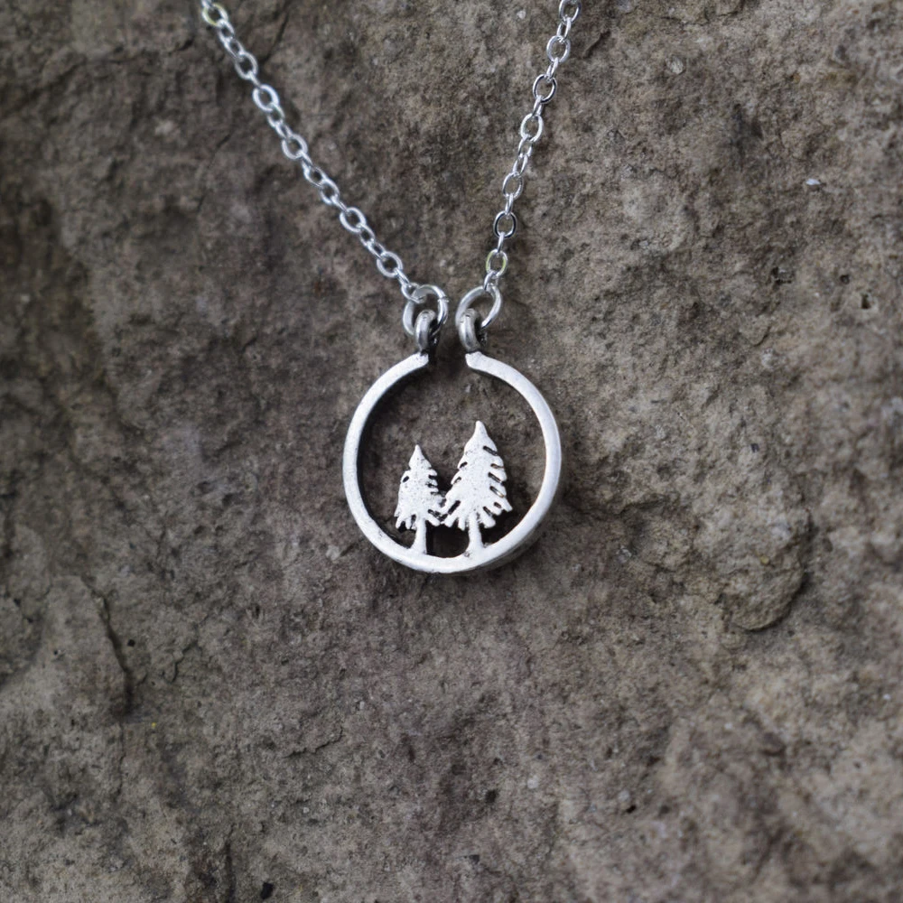 

Nature Pine Tree Pendant With Mountains Forest Necklace women Two Tree Necklace jewelry choker chain fashion simple