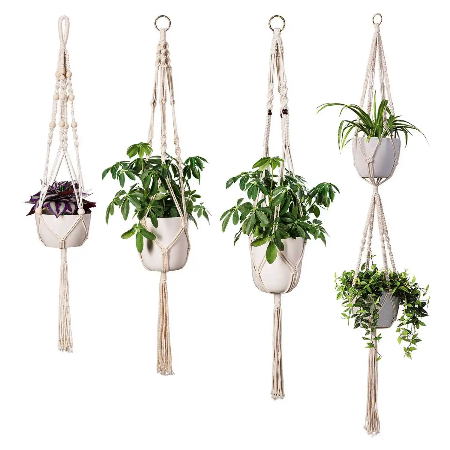 

4 Pack Macrame Plant Hangers In Different Designs - Handmade Indoor Wall Hanging Planter Plant Holder - Modern Boho Home Decor