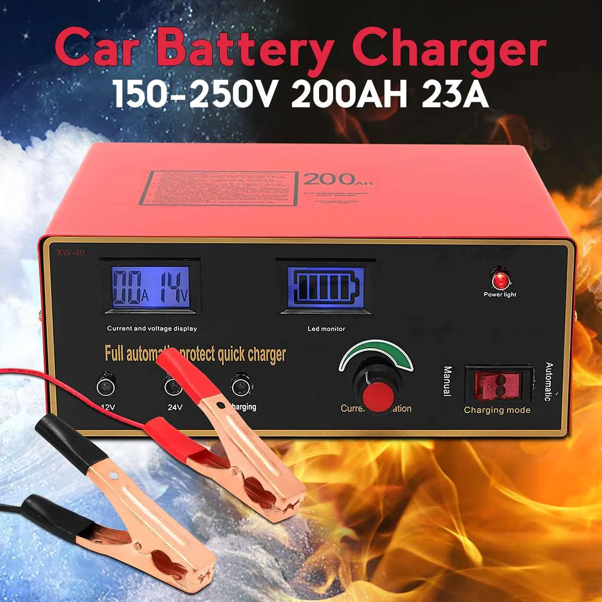 

150V-250V 12V/24V 200AH 23A Full Automatic Intelligent Pulse Car Battery Charger Dual LED Monitor Intelligent Pulse Repair Type