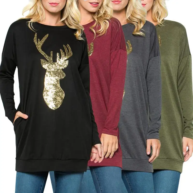 

Autumn And Winter Women's Christmas Deer Sequins Print Long Round Neck Long Sleeve Sweater T-shirt
