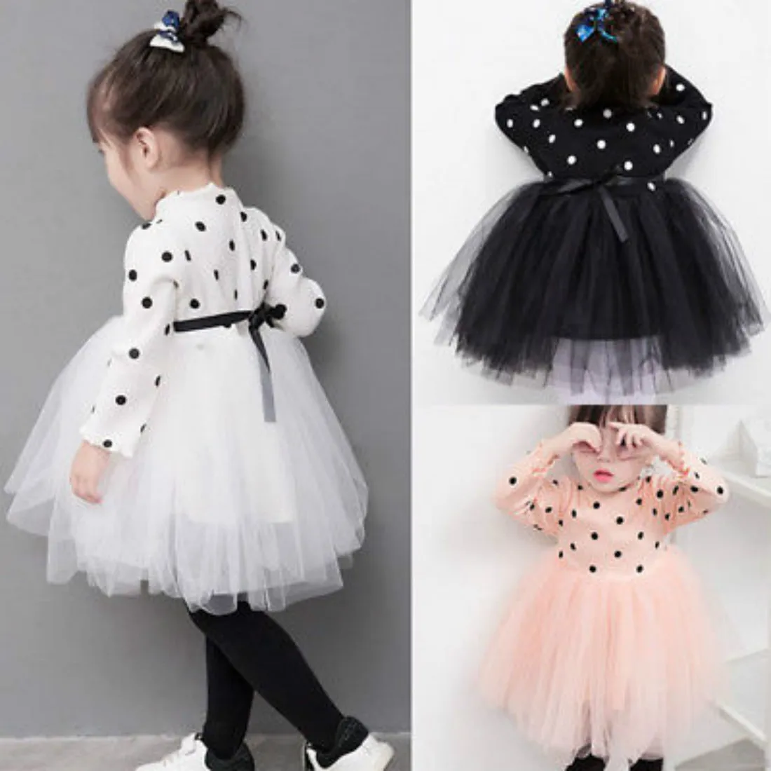 

Pudcoco Hot Sale Cute Newborn Kids Baby Girl Long Sleeve Polka Dot Pattern Tulle Butterfly Knot Drawstring Dress