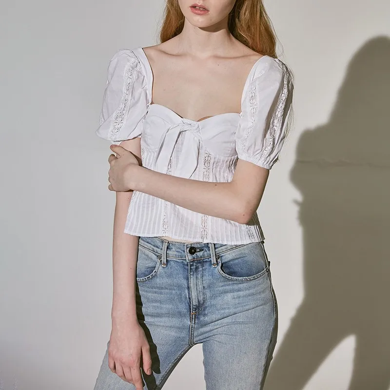 TWOTWINSTYLE Лоскутные кружевные короткие топы для женщин с бантом пышная женская