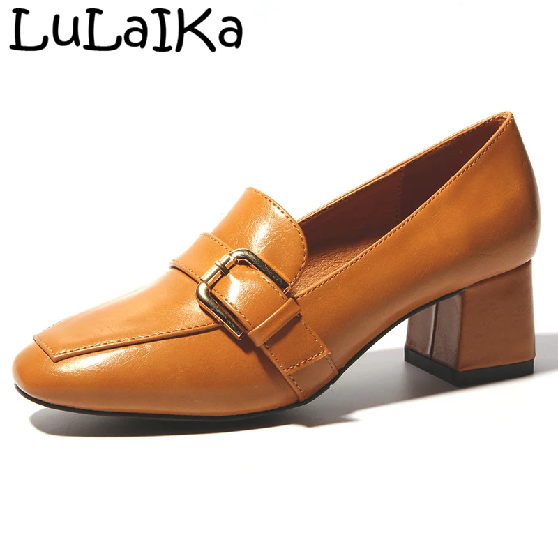

2019 New Woman Solid Color Patent Leather Pumps Shoes Sexy Round Head Metal Buckle Lady Wedding Party High Heels