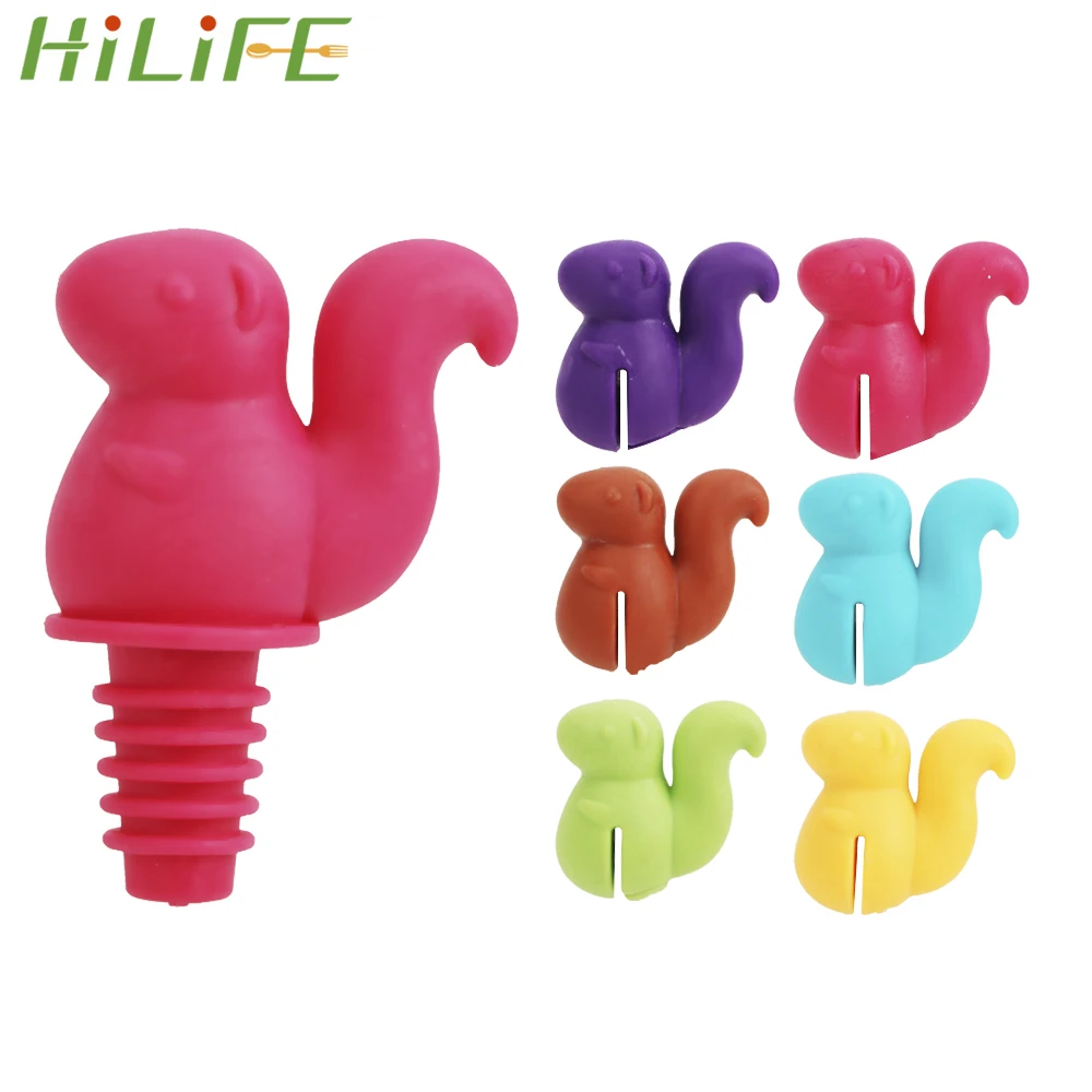 HILIFE Drink Cup Silicone Marker Cute Squirrel Shape Wine Bottle Stopper Rubber Wine Glass Label Wine Cork Plug 7 pcs/set