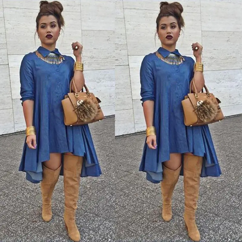 

2019 Newest Hot Fashion Vintage Blue Asymmetry Sexy Women Loose Long Sleeve Denim Dress Casual Jeans Elegant Dress