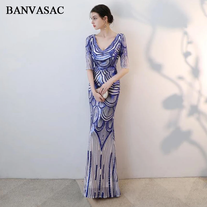 

BANVASAC Sexy Deep V Neck Sequined Pattern Mermaid Long Evening Dresses Elegant Party Illusion Half Sleeve Prom Gowns