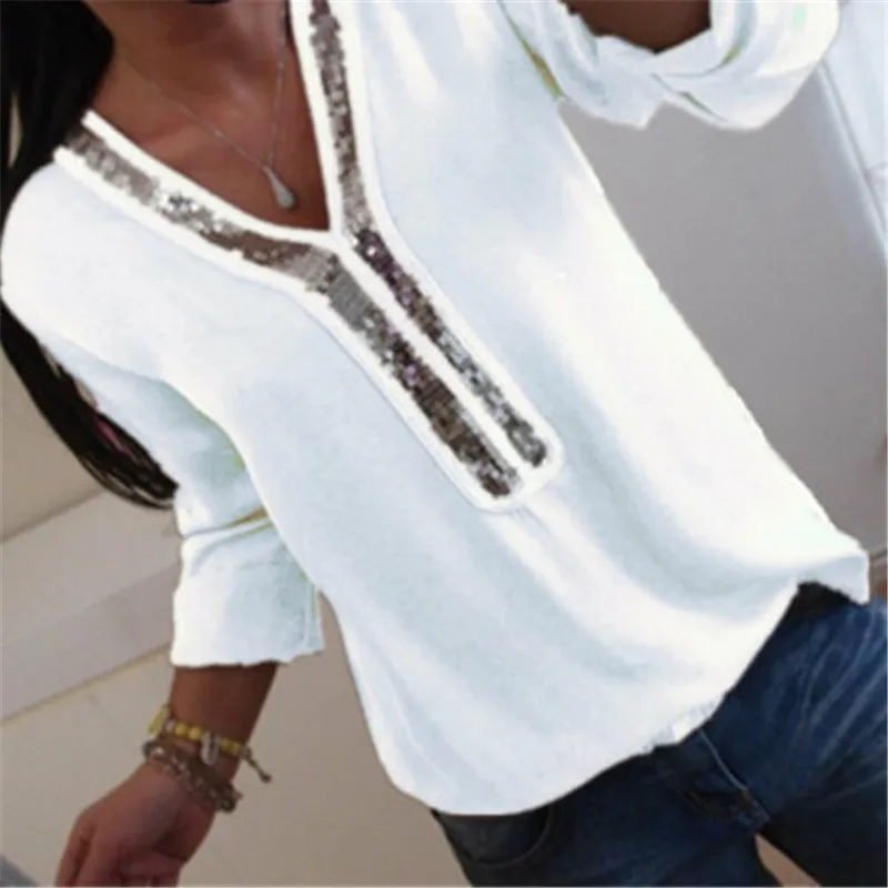 

Plus Size Women V-neck Long Sleeve Chiffon Shirt Casual Loose Sequin Top Sequined 2019 Summer Fashion Ladies Blouse blusa
