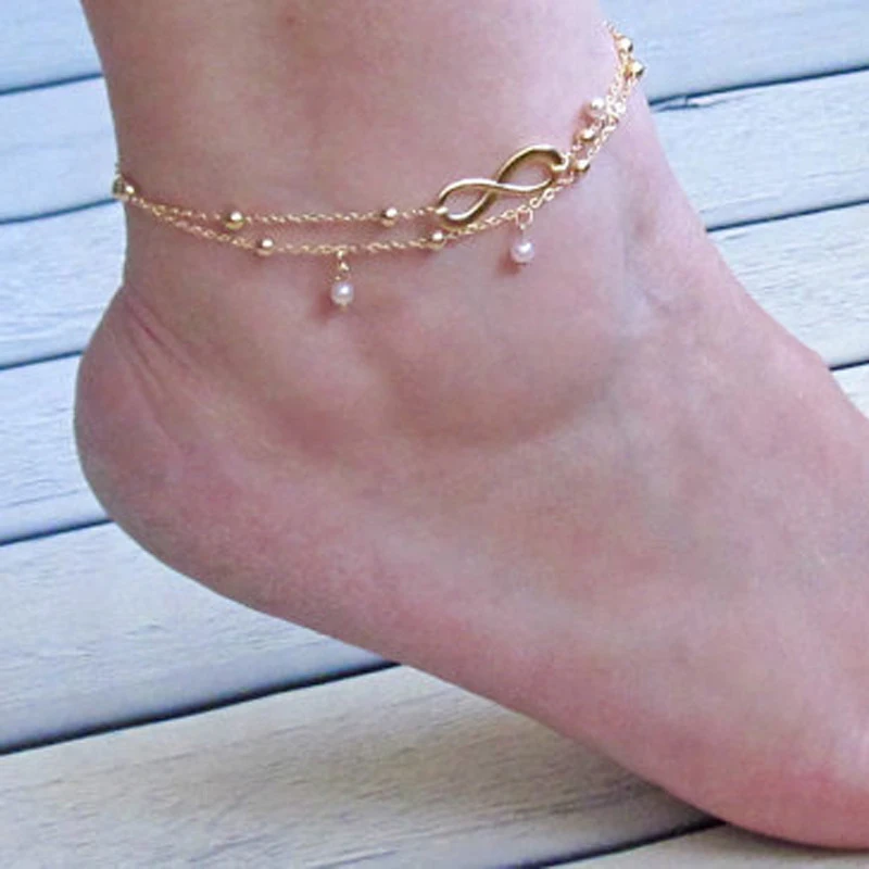 

Women Vintage Imitation Pearl Double Chains Choker Simple Anklet 8 Letter Handmade Beaded Bracelet Bangle Luxury Beach Jewelry