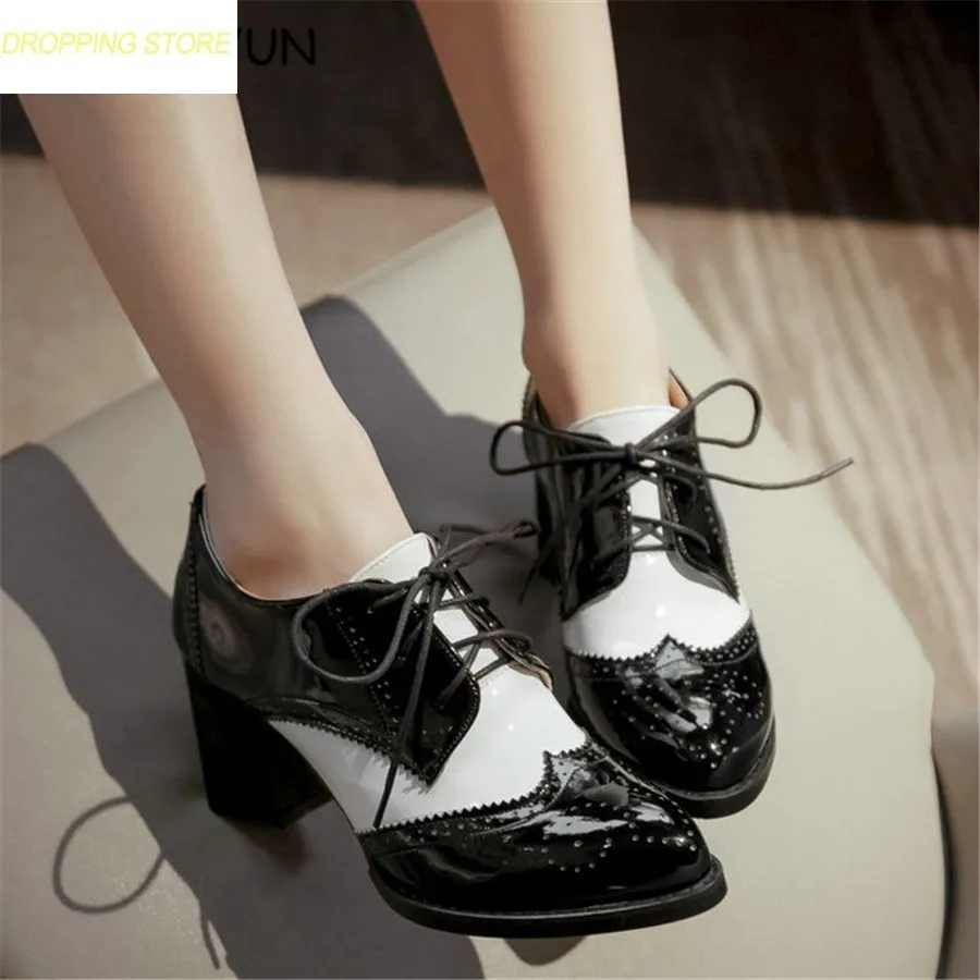 

Fashion Womens Patent Leather Mary Janes Shoes Lace Up Career High Heels Evening Party Pumps Casual Office Shoes
