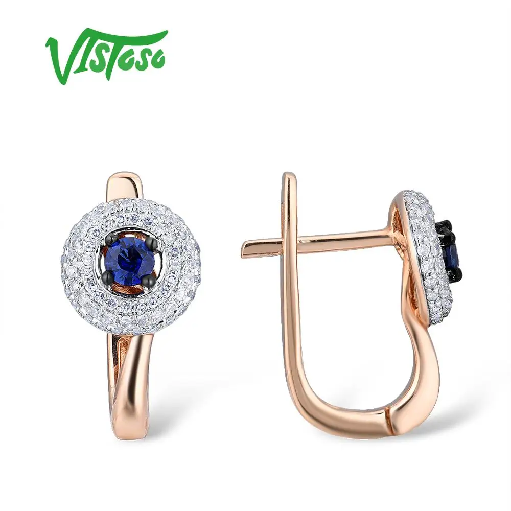 VISTOSO Gold Earrings For Women Genuine 14K 585 Rose Gold Round Circle Sparkling Blue Sapphire Diamond Anniversary Fine Jewelry