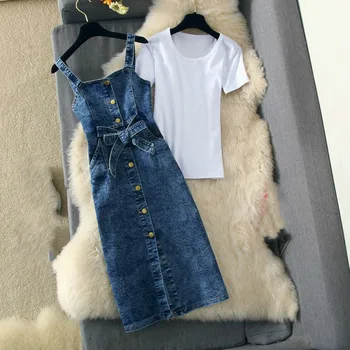 Spring Summer Women 2 Pieces Set Denim Sundress Blue Slim Sunspender Jeans Dress Casual Single-breasted Denim Dresses Vestidos original 2 pieces set dress 2017 new autumn slim fashion temperament black lace dresses women