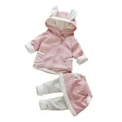 Зимняя одежда для маленьких девочек, теплое пальто с капюшоном из хлопка и бархата + штаны, модная одежда для девочек, комплект для малышей