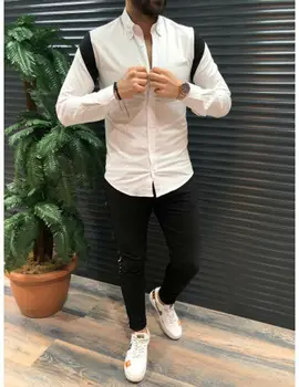 

UK Men Long Sleeve Shirt Casual Formal Slim Fit Joint Matching shirts Top Size M-XXL Summer Spring Cotton Shirts 2019