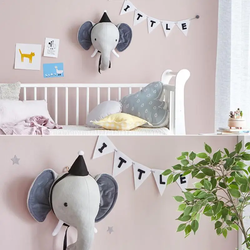 Украшения для детской комнаты-голова слона кролика, украшение на стену, детские куклы, розовый кролик, Серый слон, настенный милый