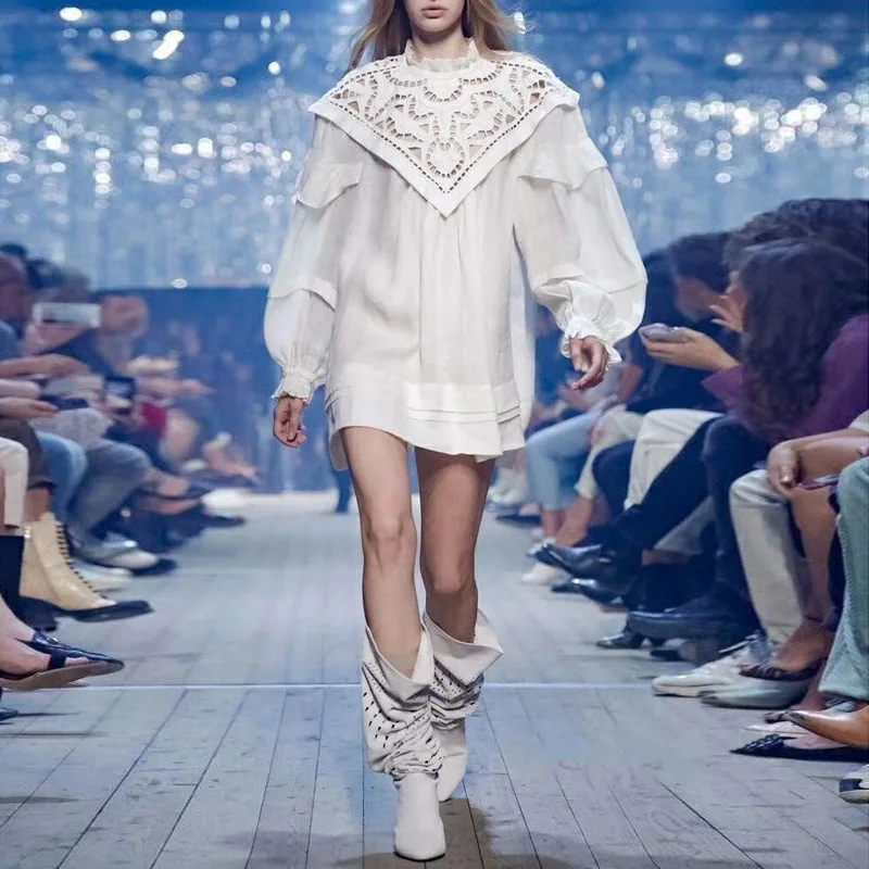 

[MENKAY] Vintage Hollow Out Stand Neck Dress Long Lantern Sleeve Loose Dresses Women 2019 Spring Fashion Clothing