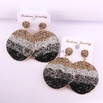 

4 Pairs ZYZ-E1790 golden copper paved black and white crystal rhinestone round charms long dangle earring for women