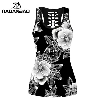 

NADANBAO Sexy Hollow Black Tank Top Women Sleeveless Tops White Flowers Gothic Fitness Streetwear Vest Cropped