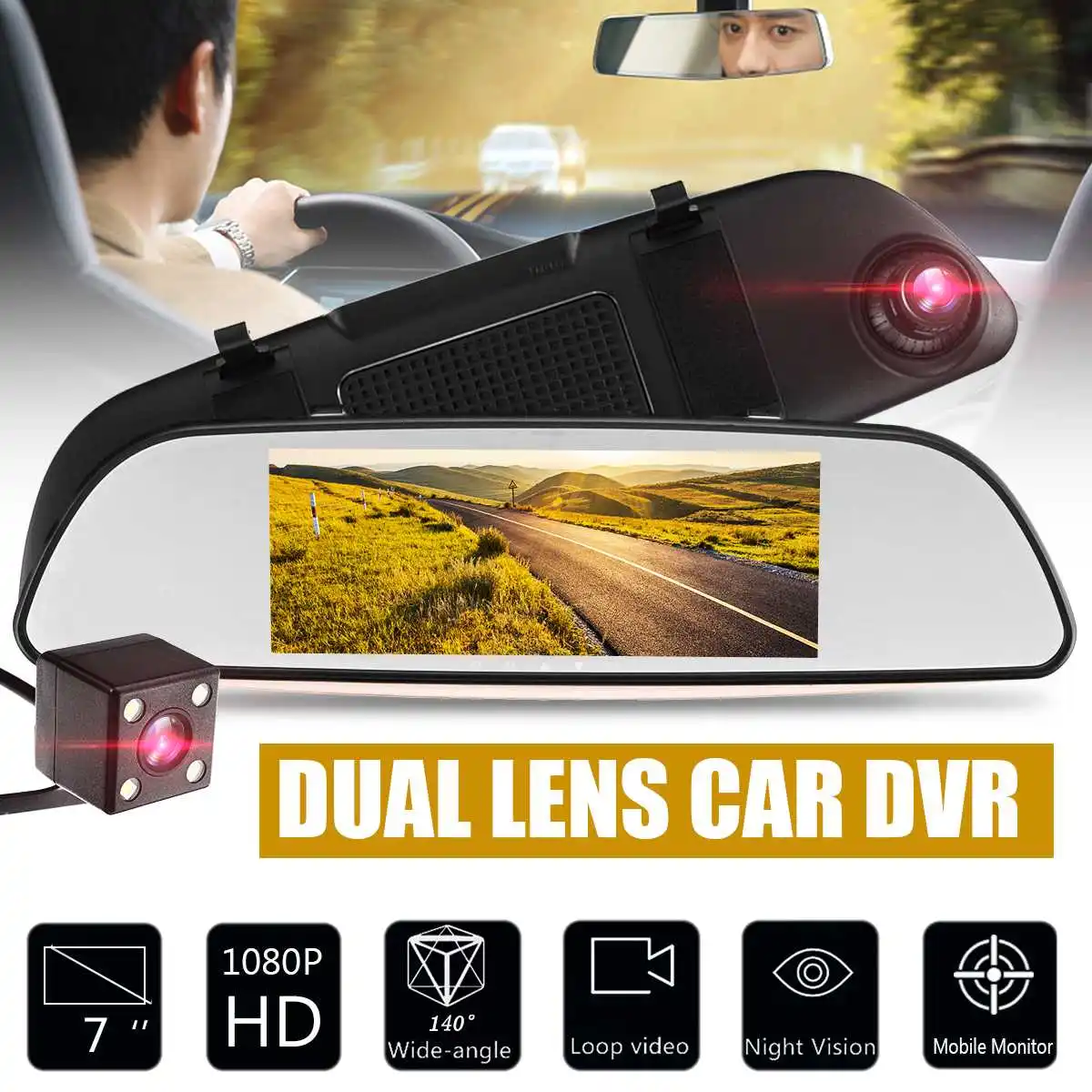 

7" Dual Lens Car DVR Rear View Mirror Camera Night Vision Digital Video Recorder Auto Registrator Dashcam Mobile Monitor