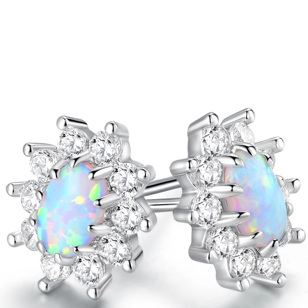 Silver-colored Plated White Fire Irradescent Stone &amp Cz Flower Stud Earrings Er5172-s | Украшения и аксессуары