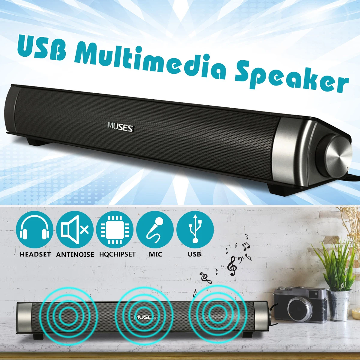 

Wired Soundbar Speaker Portable Speaker Amplifier HIFI Stereo Sound Bar with USB AUX Microphone for Computer PC