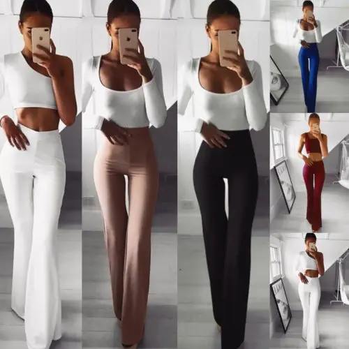 

Fashion New Plus Size Women Solid Color High Waist Wide Leg Flared Office Ladies Pants Stretch OL Trousers