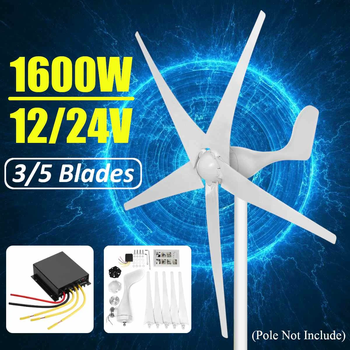 

1600W Wind for Turbine Generator 3/5 Wind Blades Option 12/24V Wind Controller Fit for Home Or Camping Nylon Fiber Blade