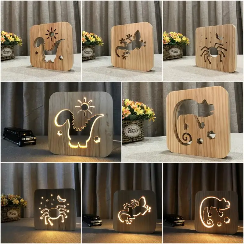 

Kaigelin Wooden Chameleon spider lizard dinosaur Lamp Kids Bedroom Decoration Warm Light LED USB Night Light for Children Gift