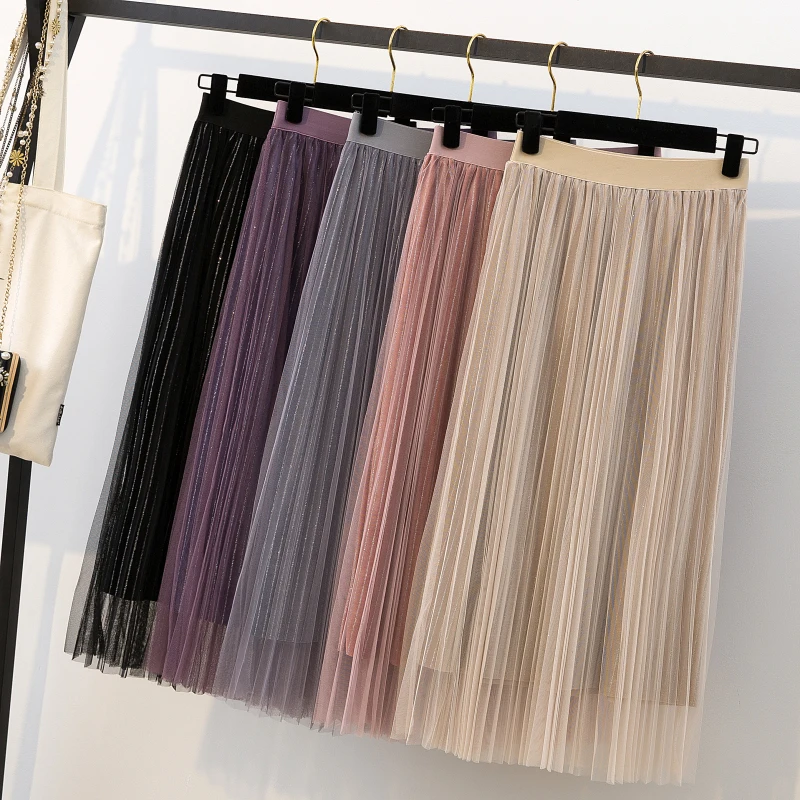 

Women Oversize pleated skirt 4XL Plus size Mid skirts Mesh Patchwork Bling Bling large Elegant skirt 2019 Spring Autumn Bottom