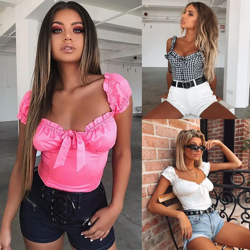 

Sexy Women Slim Bow Crop Tops Short Sleeves Ruffles V-Neck Bodycon T-Shirts Bare Belly Tee Clubwear Summer Lady Clothing