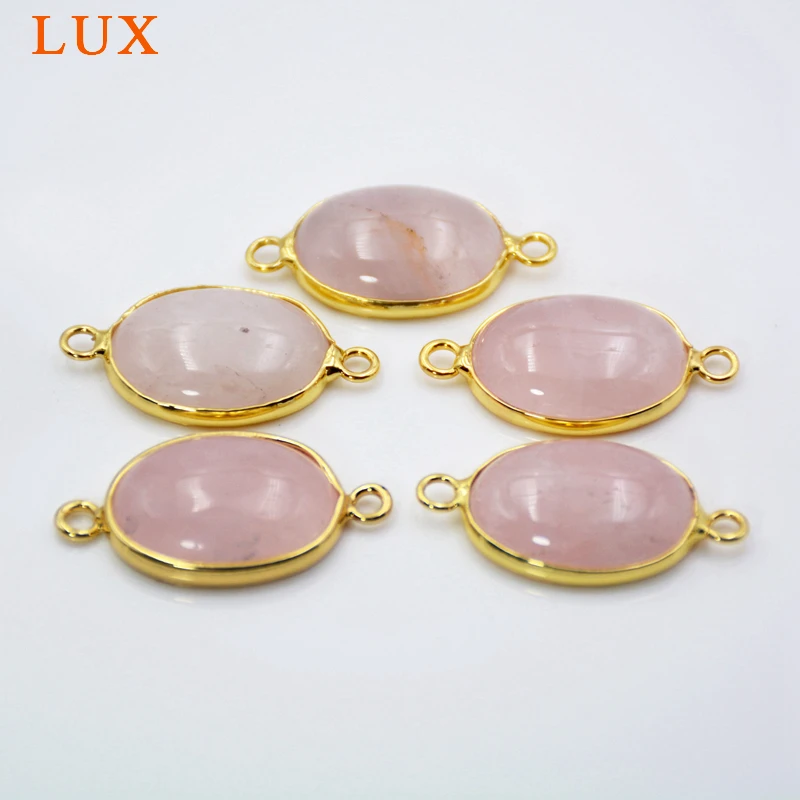 

Oval Shape Natural Rose Quartzs Station Connector Pendant Gold Plating Double Loops Polish Rose Gem stone Charm Jewelry Beads