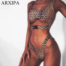 ARXIPA 2019 High Cut Sexy Bikini Sets Leopard Swimsuit Women Cut Out Crop Top Swimwear Solid Thong Bathing Suit Padded Beachwear army green cut out crop top