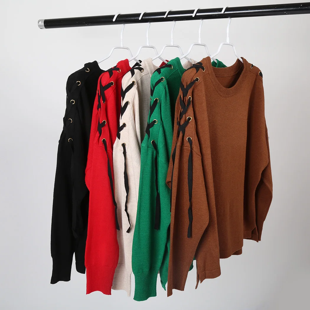 Ladies Sweaters Winter Pullovers Lace Up Cross Oversize Sweater Long Sleeve Female Autumn Casual Jumper Women Tops | Женская одежда