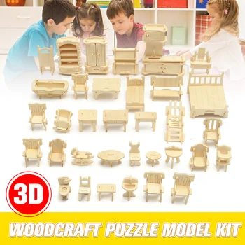 

34pcs/set DIY Mini Kids Educational Dollhouse Furniture 3D Woodcraft Puzzle Model Kit Handmade Toys Children Handworked gift