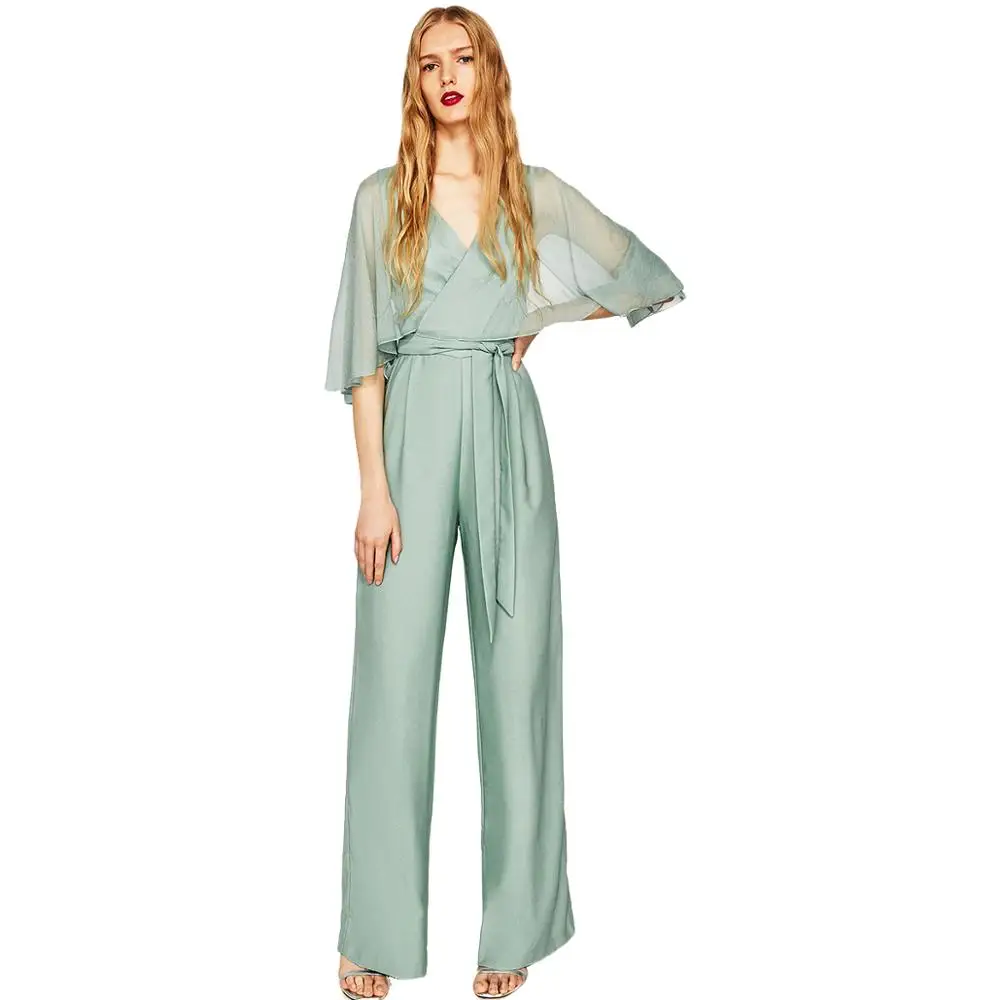 

MINSUNDA Batwing Sleeve Self Tie Back Bow Culotte Jumpsuit Office Ladies Work High Waist V-Neck Knot Women Sexy Elegant Jumpsuit