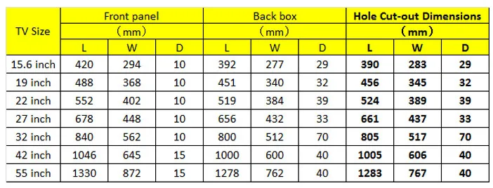 42 inch tv dimensions in mm