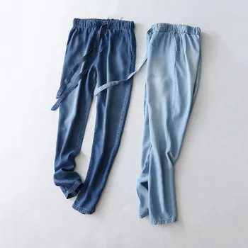 

Spring Casual Pencil Pant Women Comfortable Thin Elastic Waist Lace-up Denim Jeans Vintage Long Pencil Jeans