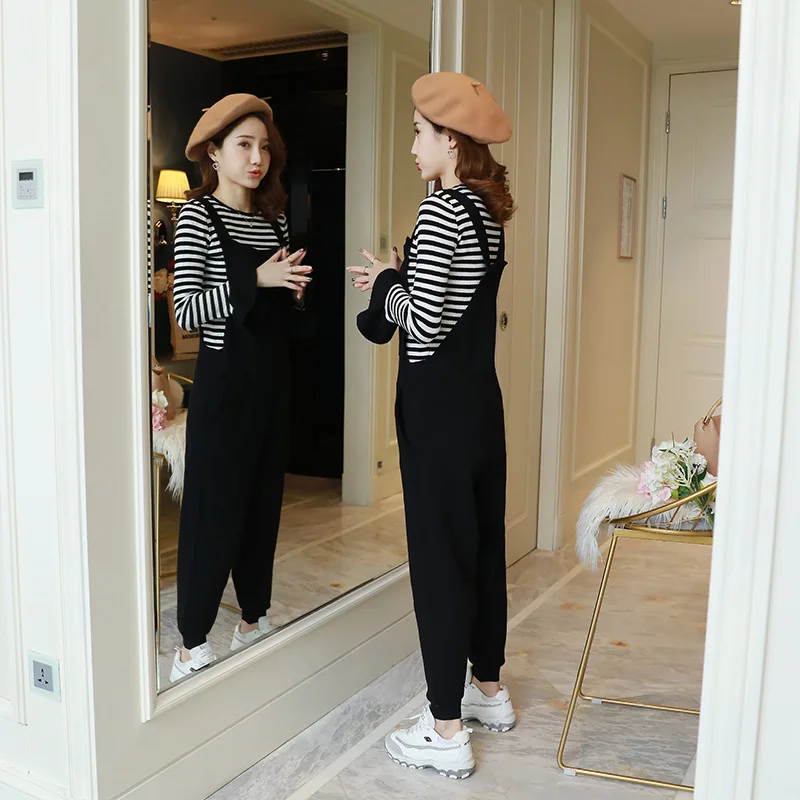 

2019 New Maternity Pants Maternidad Spring Fashion Bib + Striped Round Neck T-shirt Large Size Casual Loose Pregnant Women Suit