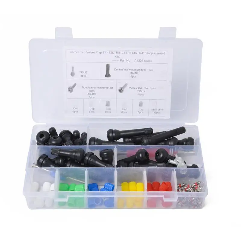 

107pcs TR412 TR413 TR414 TR418 Tire Valve Stems with Caps+Valve Cores+Tools