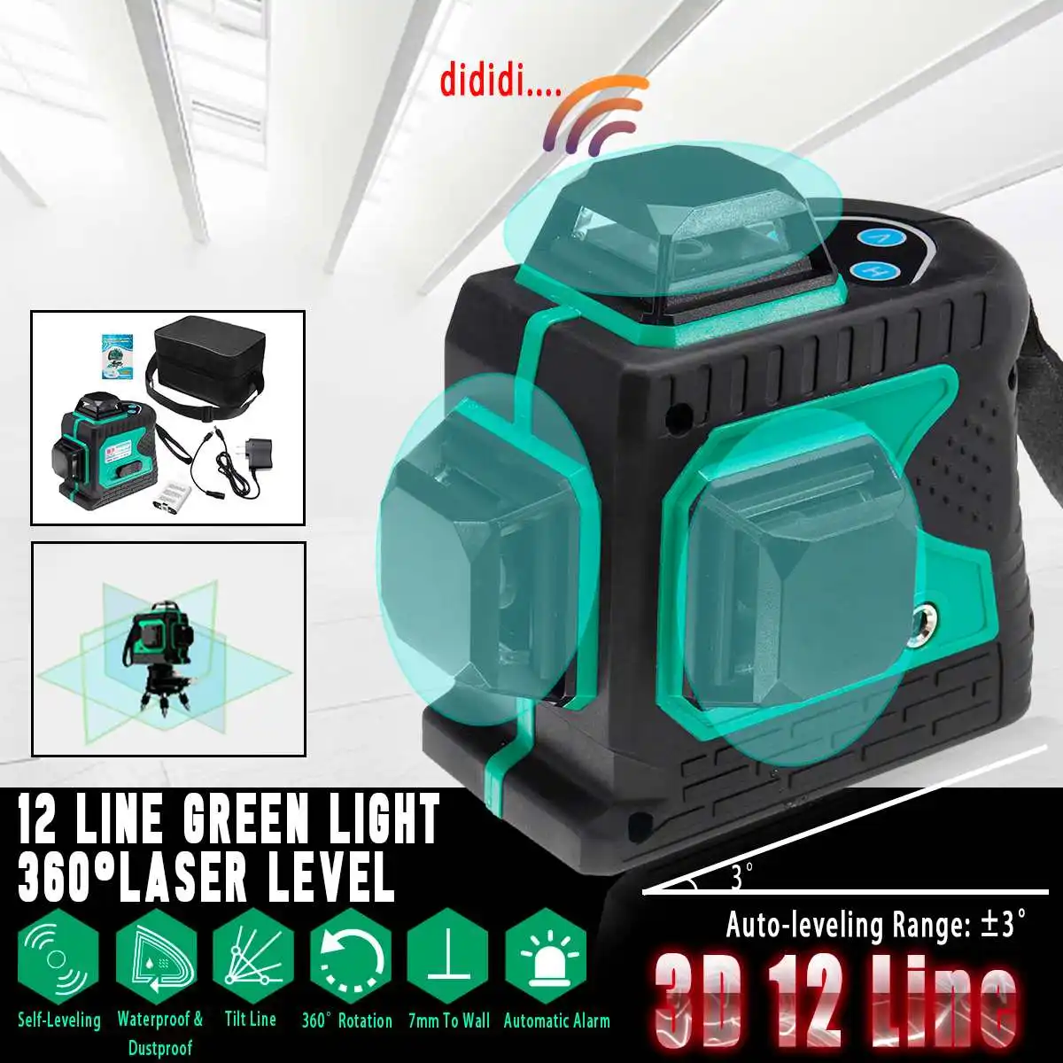 

360 3D 12 Green Lines Laser Self Leveling Vertical Horizontal Level Magnetic Tool Tripod Base T-Shaped Advanced Wall Mounte