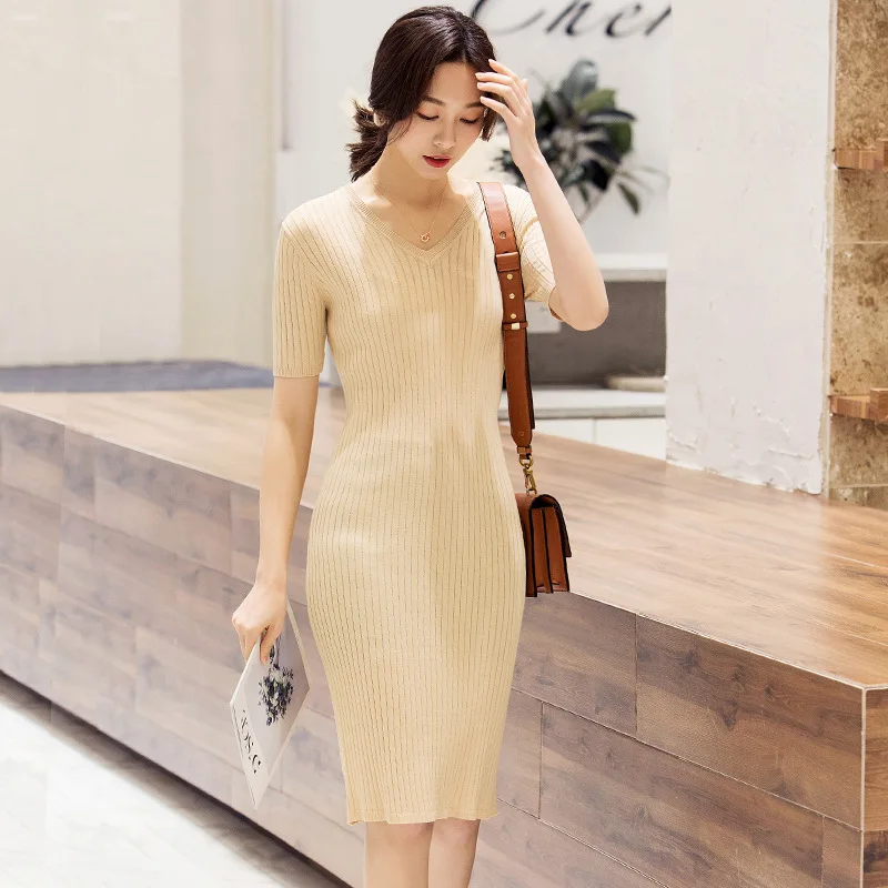 

2019 Spring Knit Dress with Long-sleeved Temperament Female Slim Long Section Over The Knees Bottom Knit Dress Vestidos