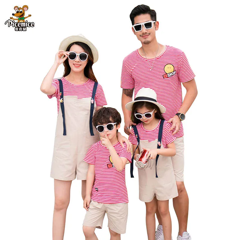 

Family Matching Outfits Striped Mother Daughter T-shirt And Overalls Set Father And Son T-shirt Pants Set Family Clothing Sets