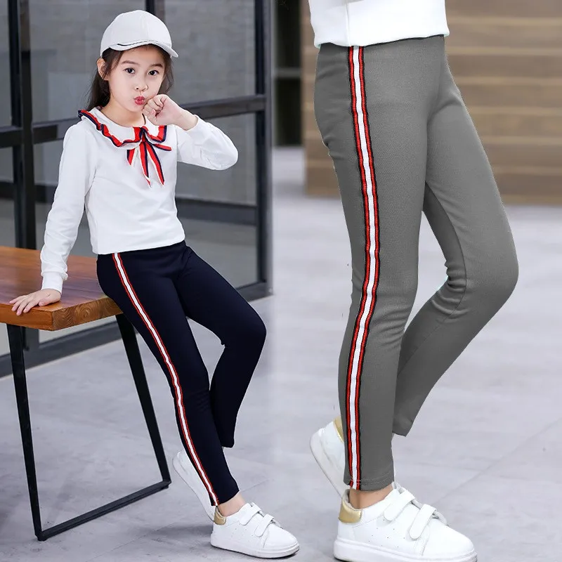 

Kids girls leggings 2019 spring autumn girls pants side striped elasticity children's skinny sport leggings girls trousers new