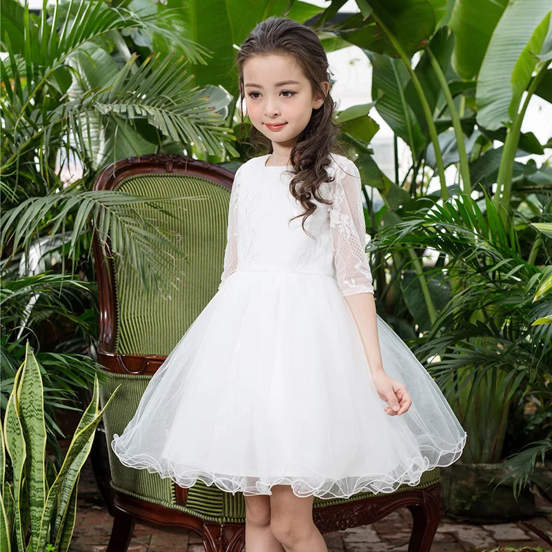 New Flower Girl Dress White Long Sleeve Wedding Dress Kid Princess Prom Dress