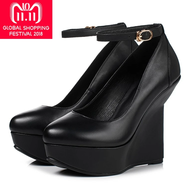

{Zorssar}2018 New arrival Genuine leather fashion ladies shoes pointed toe Wedges High heel platform pumps women Mary Jane shoes