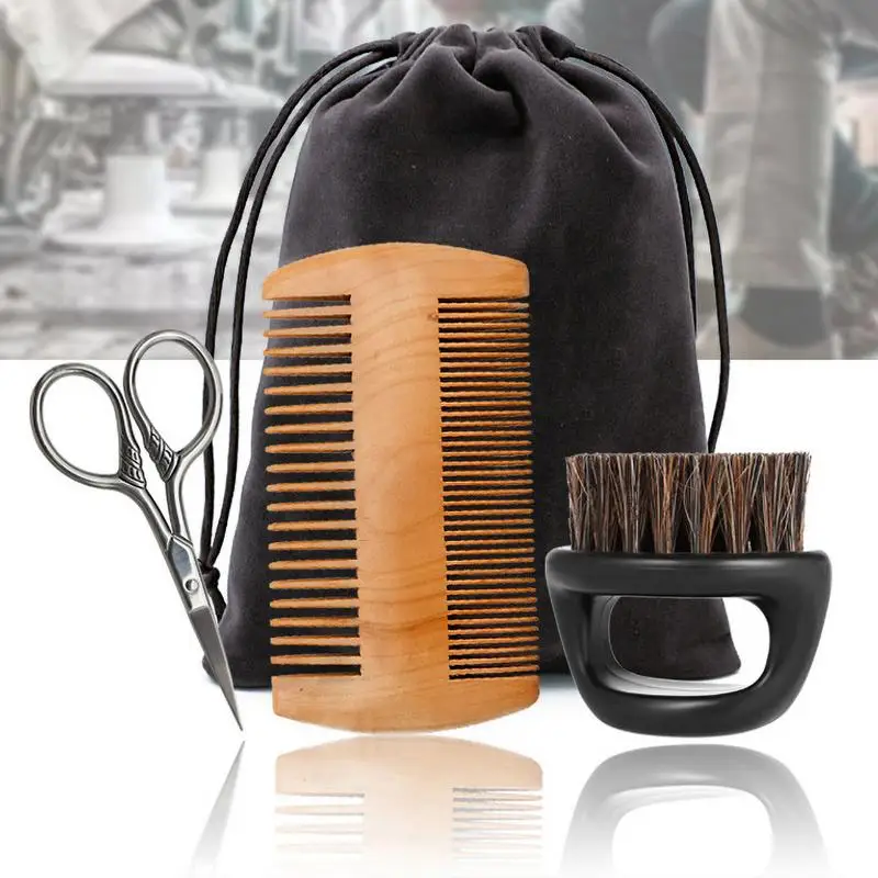 

3pcs/set Beard Comb And Brush Kit Wild Boar Brush For Distribute Ointment Grease Growth Modeling Luster Softness Modeling Tool