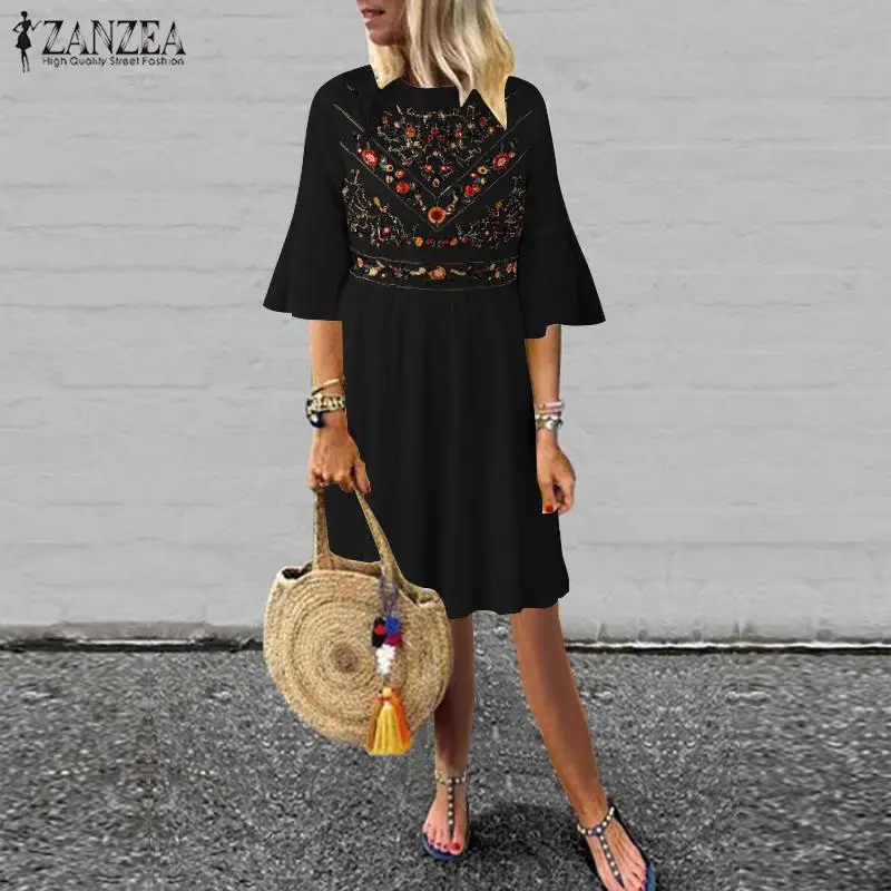 

ZANZEA 2019 Summer Dress Women Sundress Ladies Vintage Print Short Vestidos Elegant Back Zipper Robe Femme Pleated Party Vestido