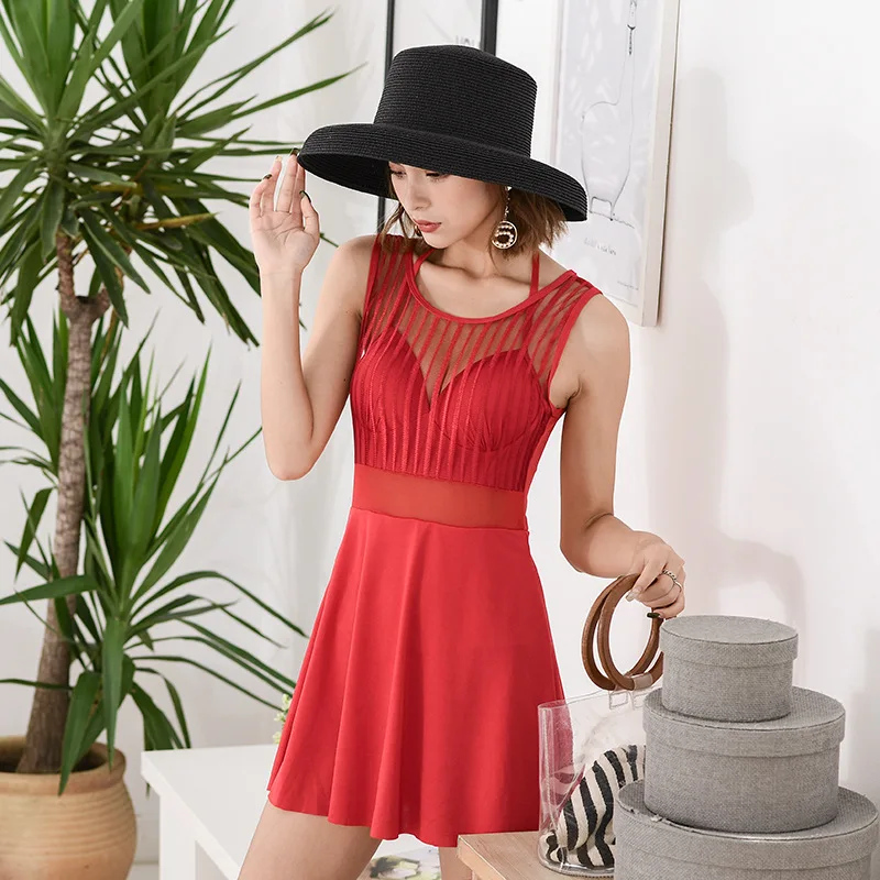 

Blesskisss One Piece Swimsuit With Skirt 2019 Women Mesh Padded Push Up Swimwear Dress Bathing Suit Swimming Suit For Ladies